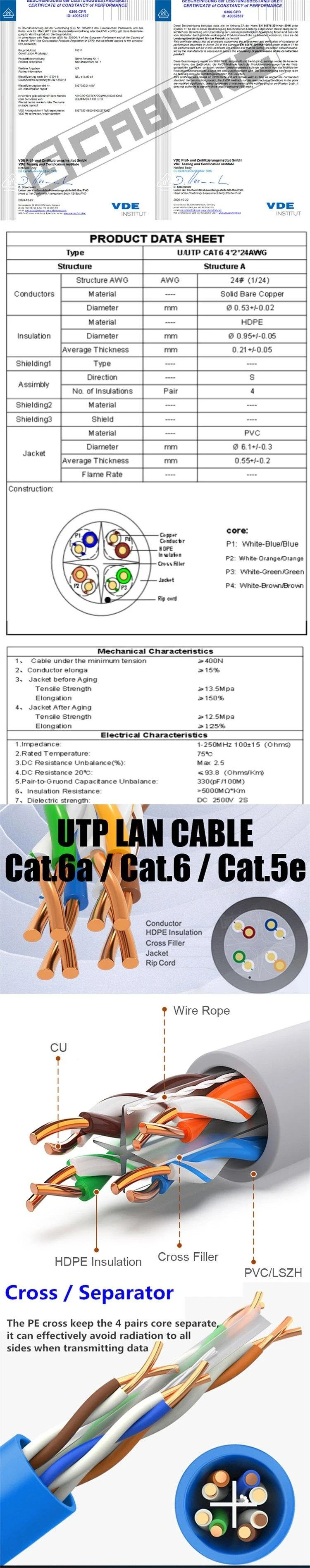 Gcabling UTP LAN Cat5e CAT6 CAT6A Computer Communication Cable Twisted 4pair Copper Solid Wire Indoor Data Cat 6 Network Ethernet Cable